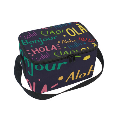 

ALAZA Lunch Box Insulated Lunch Bag Large Cooler Different Language Black Background Tote Bag