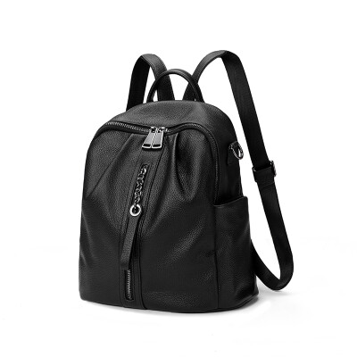 

APDISHU trend shoulder bag female Korean version of the wild cowhide temperament backpack female double zipper multi-function fashion travel bag handbag AP8649-1 black