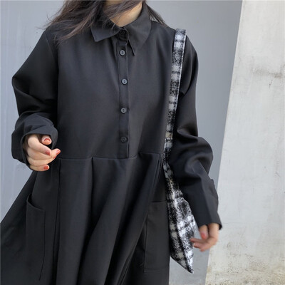 

2018 Fashion Black Long Sleeve Shirt Dresses For Women Japanese Street Oversized Split Button Pocket Dress Female Casual Clothe