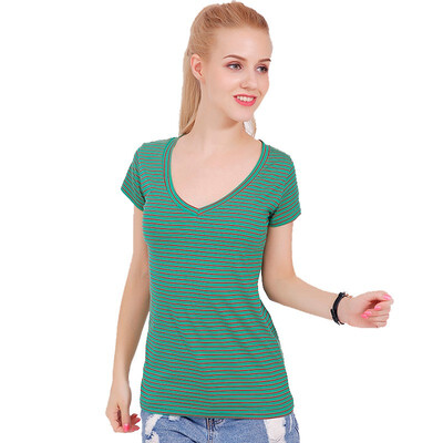 

Fashion new style cotton tshirt women summer V-neck cool t shirt female short sleeve tops small striped Lady casual t-shirt