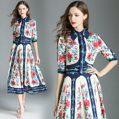 

DFYOP New Style Lapel Sleeves Short Sleeves Retro Court Style Wind Print Slim Dress