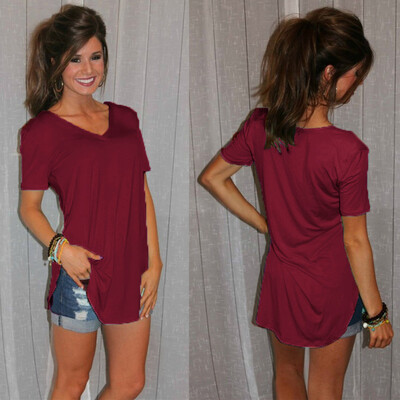 

New Fashion Women T-shirt Solid Color V Neck Short Sleeve Rounded Hem Long Casual Party Wear Tops
