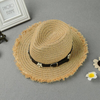 

New Fashion Women Straw Hat Daisy Rivet Belt Wide Brim Summer Sun Beach Cap Panama Hat BlackKhaki