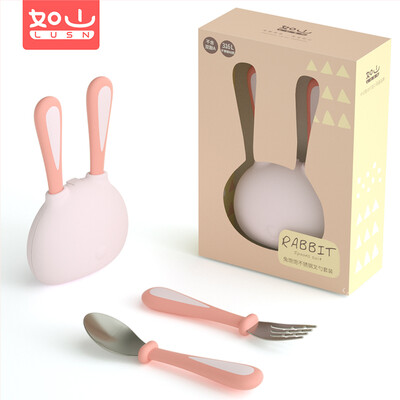 

Rushan LUSN childrens tableware stainless steel spoon fork infant baby training tableware two-piece set with storage box rabbit full set peach powder