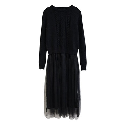 

Dress 2018 spring&autumn wear new womens Korean long-sleeve knitted sweater false two in the bottom of the long net gauze