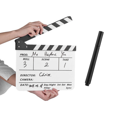 

Dry Erase Acrylic Director Film Clapboard Movie TV Cut Action Scene Clapper Board Slate with Marker Pen BlackWhite Stick White