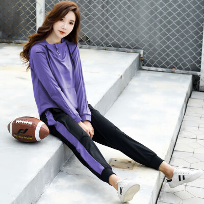 

Colorful 2019 new stretch thin female sports yoga clothing suit hooded casual fitness morning running quick-drying clothes two-piece purple