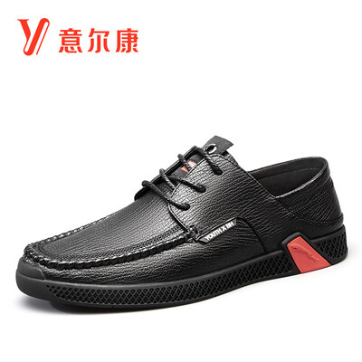 

Yierkang mens shoes round head Korean casual shoes lazy lace leather shoes 9111ZR97349W black 42