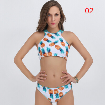 

White Fruit Pineapple Print High Neck Bikini Set Swimwear Halter Crop Top Bikinis Women Tank Swimsuit Ladies Beach Bathing Suit