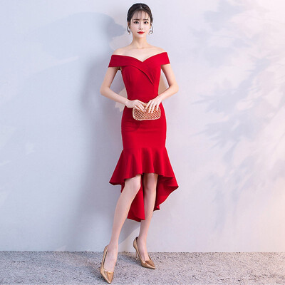 

Front Short Back Long Mermaid Evening Dress Sexy Boat Neck Off The Shoulder Toast Dress Slim Party Dinner Evening Dress