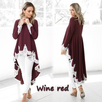 

Plus Size Women Ruffle High Low Symmetrical Long Sleeve Casual Loose Tops Blouse Trim Lace Shirt Dress Dovetail Hem T-Shirt