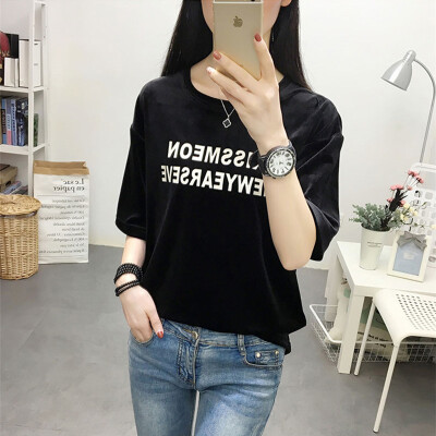 

JOY OF JOY Jingdong Womens 2019 Summer New Korean Fashion Short Sleeve T-Shirt Womens Personality Print Loose Casual Tops Women JWTD191832 Black M