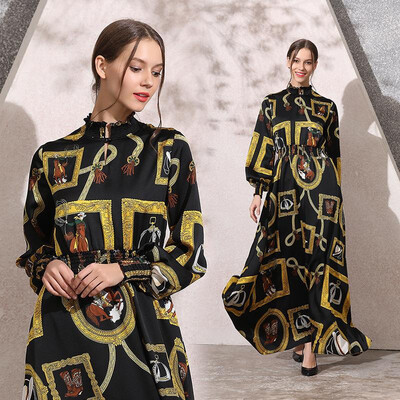 

L XL XXL vintage new spring 2019 long maxi print dress women long sleeve loose ankle length lady
