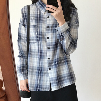 

JOY OF JOY Jingdong Womens 2019 Early Spring New Han Fan Loose Plaid Chic Top Hong Kong Style Long Sleeve Shirt Women JWCC191335 Blue