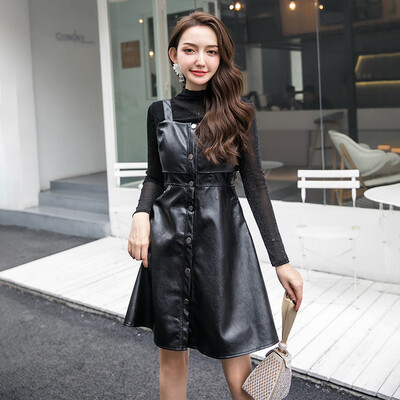 

JOY OF JOY Jingdong Womens 2019 Spring New Mesh Perspective Bottoming Shirt Top PU Leather Sling Dress Two-piece Set JWQZ191555 Black