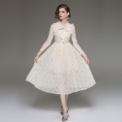 

M L XL XXL elegant new spring 2019 long lace dress women long sleeve beige vintage slim A line mid calf ruffles lady