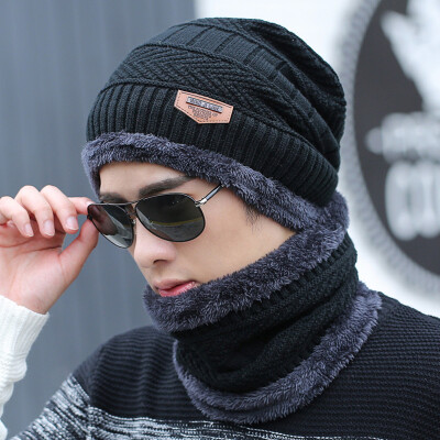 

BENOORAY wool hat men winter Korean version of the tide new knit hat plus velvet thick warm hat bib collar two sets of black hat collar