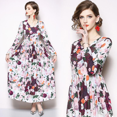 

S M L XL XXL elegant new spring 2019 long maxi dress women long sleeve flower print slim A line ankle length lady