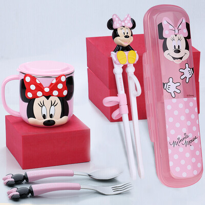

Disney childrens tableware baby with lid single handle water cup chopsticks spoon fork portable box set combination 5 sets Minnie