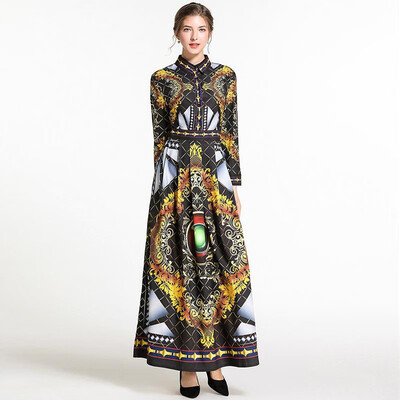 

L XL XXL vintage new spring 2019 long maxi dress women long sleeve black gold digital print slim A line ankle length elegant