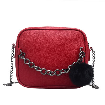 

Women Messenger Bag Chains PU Leather Shoulder Bag Vintage Small Mini Flap Bag Fur Ball Decor Bolsas Crossbody Handbags