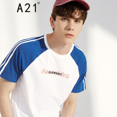 

Pure online brand A21 summer 2019 new mens round neck short-sleeved T-shirt wild casual letter printing mens short T-shirt R492131034 blue 17084AM