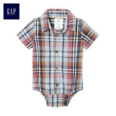 

GAP flagship store cotton cute plaid short sleeve jumpsuit 336508 retro navy blue 0-3M