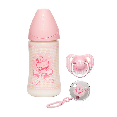 

Suviani suavinex bottle set imported baby bottle bottle 270ml pacifier pacifier hanging chain classic British pink ducklings