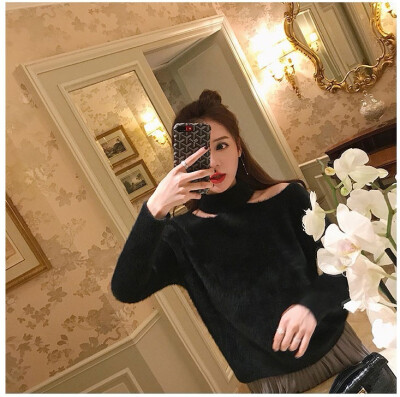 

New autumnwinter 2018 womens hollow neck mink thickened sweater womens loose&lazy style pullover knitted sweater