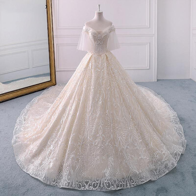 

Luxury Wedding Dress Short Batwing Sleeve Sexy V-neck Sweep Train Ball Gown Princess Wedding Dresses