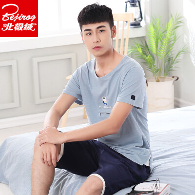 

Arctic velvet cotton pajamas mens summer short-sleeved pajamas mens suit thin section cotton spring&summer Korean version of the home service large size set 4673 gray blue XL