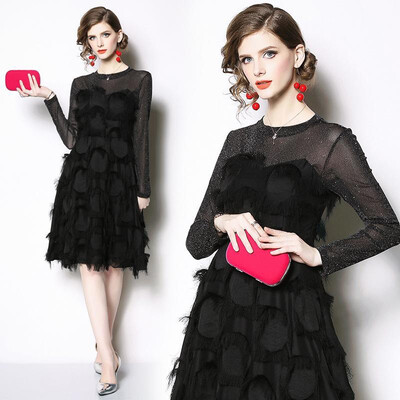 

M L XL XXL elegant new spring 2019 midi dress women long sleeve black A line party lady