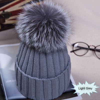 

Newest Large Ball Womens Hat Winter Warm Fox 15cm Fur Pom Knit Berets Ski Casual Pop Cap Bobble