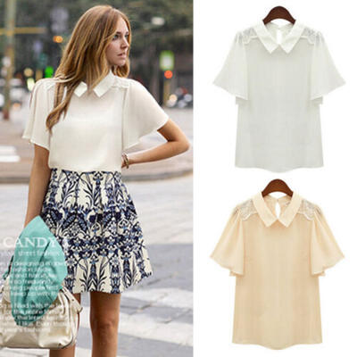 

Fashion Womens Doll Collar Short Sleeve Chiffon Tee Shirt Casual Tops Blouse