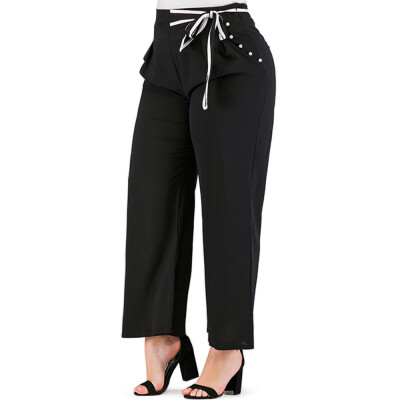 

Plus Size High Waisted Tie Pants with Faux Pearls