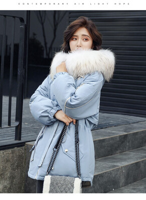 

Winter 2018 new Korean version of urban leisure pure color hat long-sleeved drawstring real fur collar down jacket women long styl