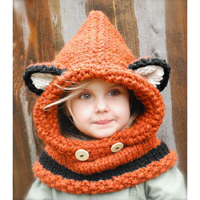 

Cute Baby Unisex Knitted Hat Fox Style 3D Ears Button Hooded Scarf Shawl Winter Warm Animal Cap Headwear OrangeGray