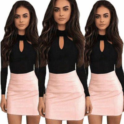 

Ladies Womens Choker V Long Sleeve Top Plain Stretch Bardot Bodysuit Leotard