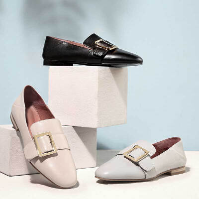 

Beijing Tokyo single shoes women casual loafers women two wear stepping a pedal flat with round head buckle leather blue gray 39