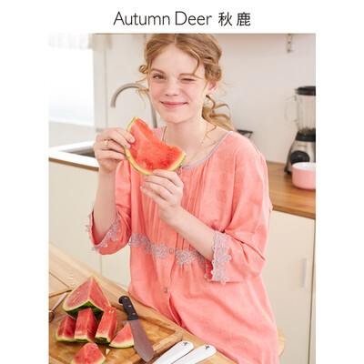 

Autumn deer pajamas women cotton spring&summer solid color thin section lace stitching seven-point sleeve trousers home service suit shrimp red