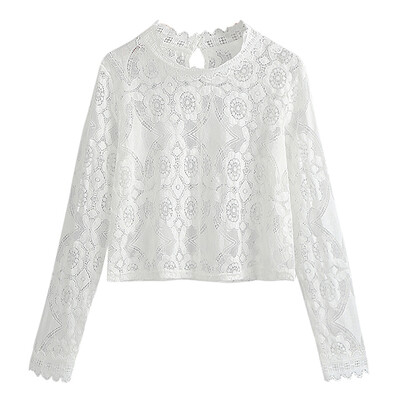 

Women Cover Up See Through Floral Lace Hollow Out High Neckline Long Sleeve Sexy Beach Blouse