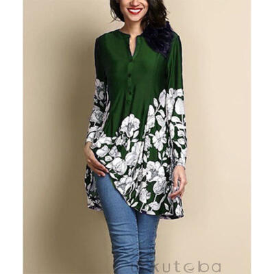 

Sell Well Fashion Women Pintuck Front Button Up Neck Floral Print Long Sleeve Loose Tops Size S-5XL