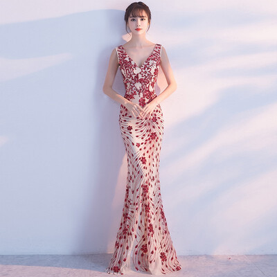 

Sexy V-Neck Evening Dresses Sequin Sleeveless Mermaid Party Dress Long Women Evening Dress