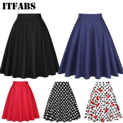 

US Women Summer High Waist Skirt Sundress Pure Color Wave Dot Cherry Dress -XXL