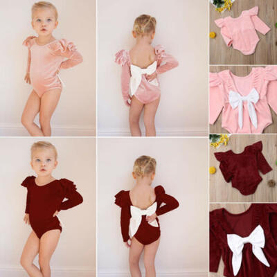 

US Newborn Baby Girl Solid Clothes Long Sleeve Bowknot Romper Bodysuit Outfits