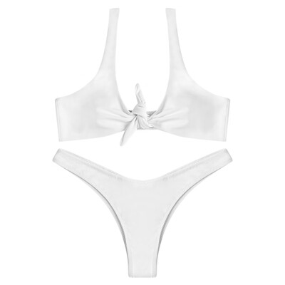 

Shoulder Strap Padded Tied Solid Color Low Waist Swimsuit Women Bikini Set