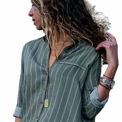 

Olive Green Striped Suit Collar Long Sleeve Casual Loose Shirt Top