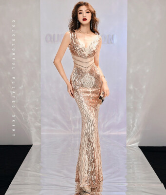 

Elegant Sexy V-Neck Mermaid Evening Dress Long Slim Sequin Party Women Evening Dresses