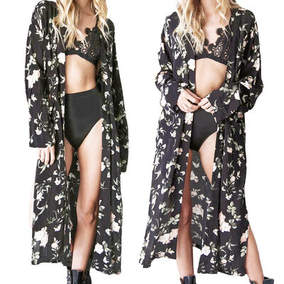 

Women Long Chiffon Kimono Cardigan Floral Beach Cover Ups Slit Hem Open Front Long Sleeves Bikini Cover Black
