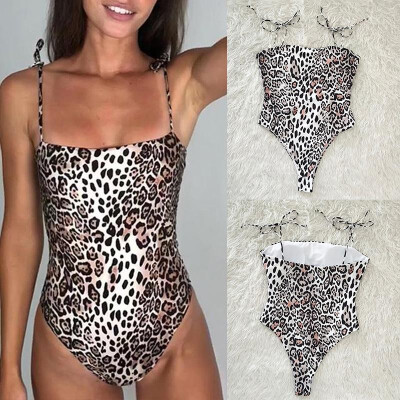 

Women One-Piece Swimsuit Leopard Print Tied Bandage Strap Open Back High Cut Sexy Monokini Brown